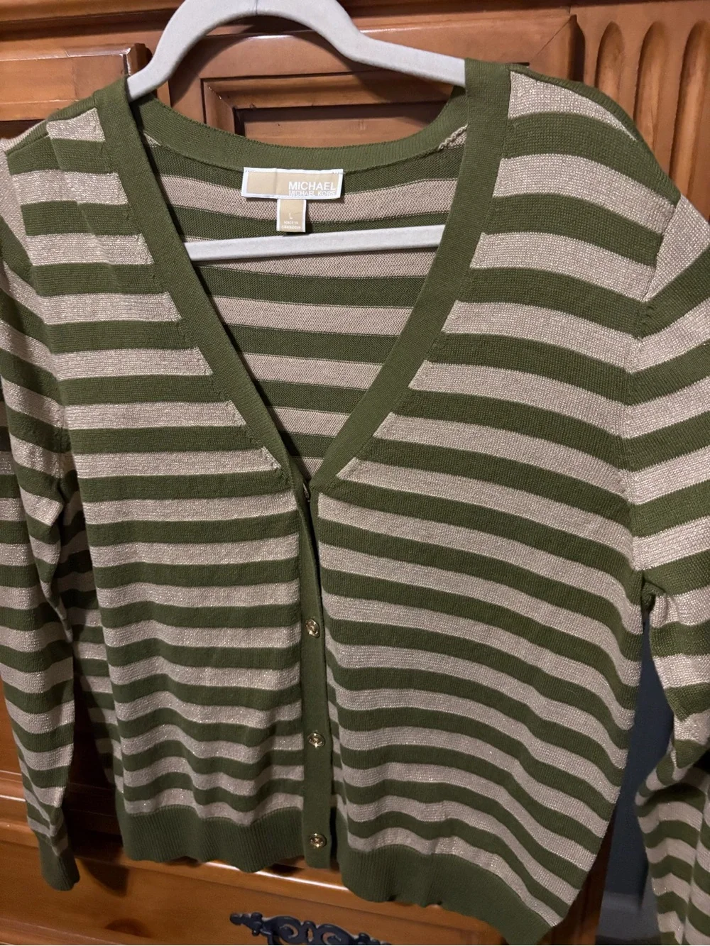 Michael Kors Olive and Cream Striped Button-Front Cardigan